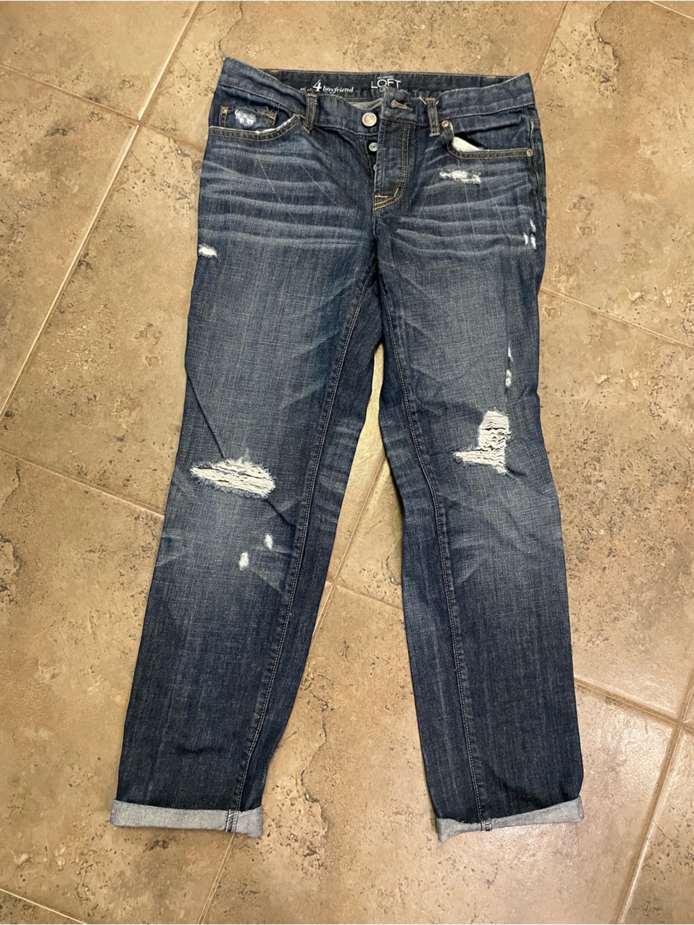 LOFT Women's Distressed Boyfriend Jeans - Dark Blue Wash